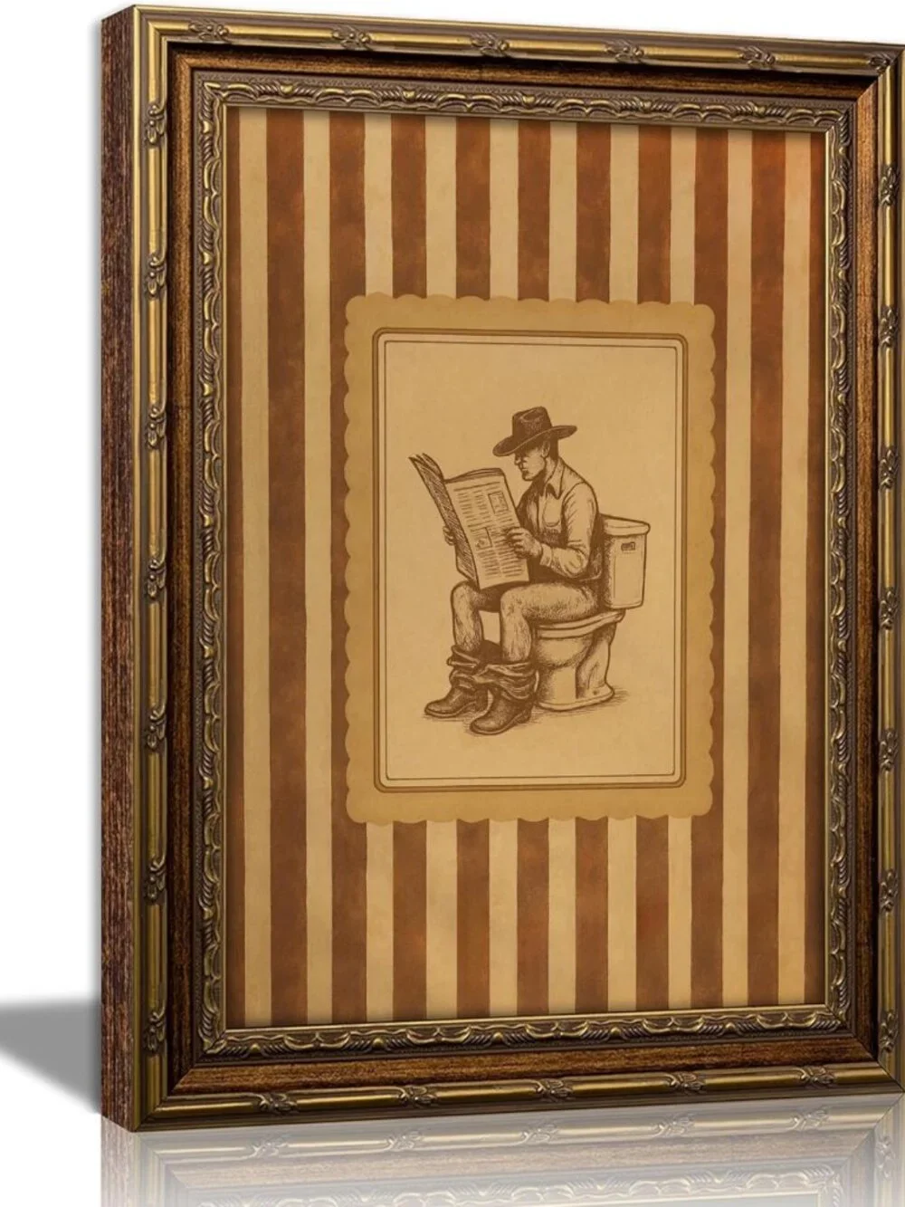 Funny Western Cowboy Bathroom Wall Art - Gold Framed Vintage Print Decor